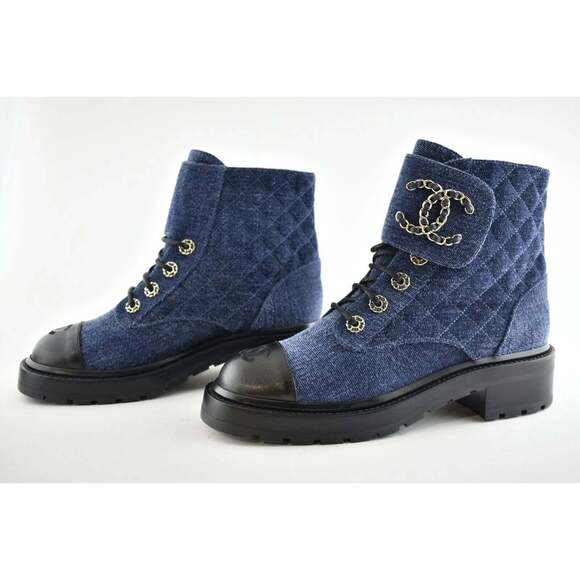 Chanel 21A Blue Black Quilted CC Chain Combat Lace Up Tie Ankle Short Boots 39 - Picture 10 of 12